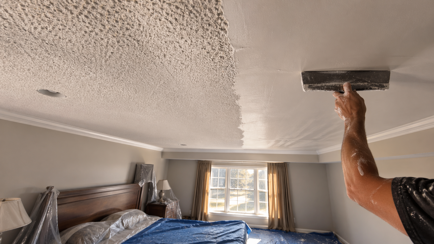 Level 5 skim coat application — bedroom ceiling half-done showing before and after in one shot